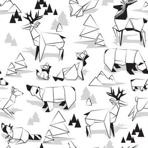 Small scale // Origami woodland monochromatic VI // white background black and white animals