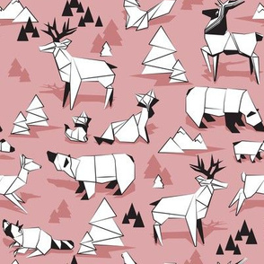 Small scale // Origami woodland monochromatic VII // dry rose background black and white animals