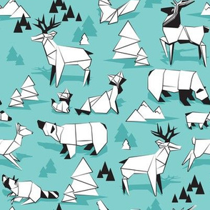 Small scale // Origami woodland monochromatic VIII // mint background black and white animals