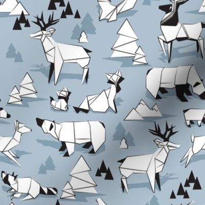 Small scale // Origami woodland monochromatic X // small scale // blue background black and white animals