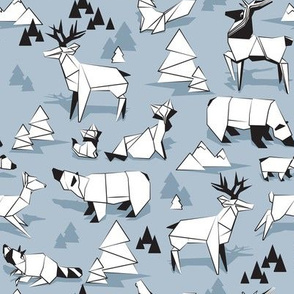 Small scale // Origami woodland monochromatic X // small scale // blue background black and white animals