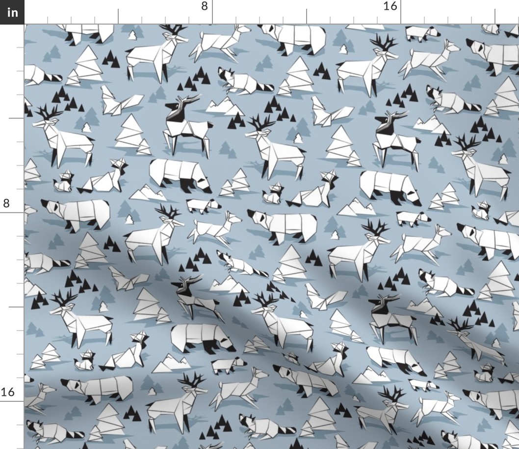 Small scale // Origami woodland monochromatic X // small scale // blue background black and white animals