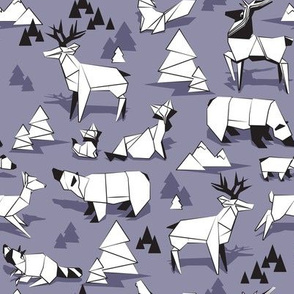 Small scale // Origami woodland monochromatic XI // violet background black and white animals