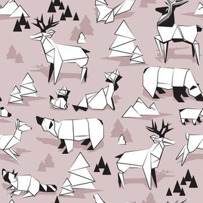 Small scale // Origami woodland monochromatic XII // light rose beige background black and white animals