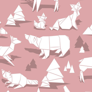Large jumbo scale // Origami woodland monochromatic II // dry rose background white animals