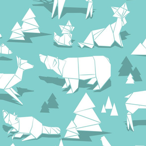 Large jumbo scale // Origami woodland monochromatic III // mint background white animals