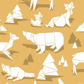 Large jumbo scale // Origami woodland monochromatic IV // yellow background white animals