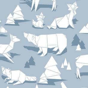 Large jumbo scale // Origami woodland monochromatic V // blue background white animals