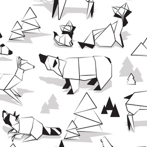 Large jumbo scale // Origami woodland monochromatic VI // white background black and white animals