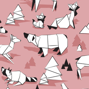 Large jumbo scale // Origami woodland monochromatic VII // dry rose background black and white animals