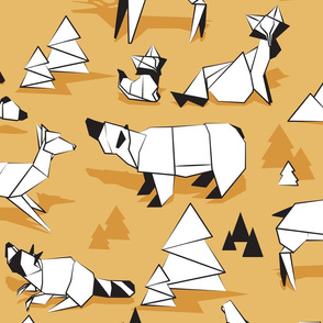 Large jumbo scale // Origami woodland monochromatic IX // yellow background black and white animals