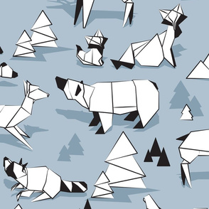 Large jumbo scale // Origami woodland monochromatic X // blue background black and white animals