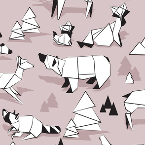 Large jumbo scale // Origami woodland monochromatic XII // light rose beige background black and white animals