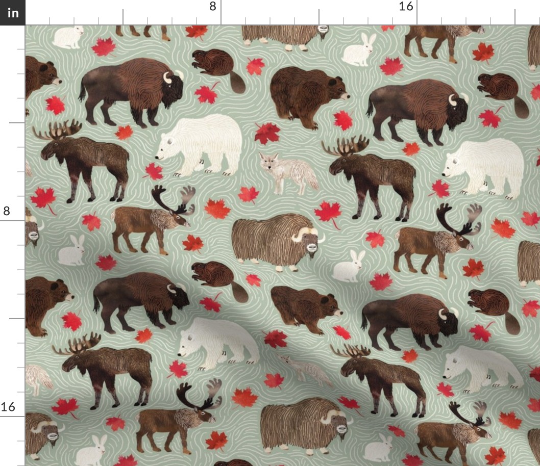 Canadian Animals on Mint Green - Fabric | Spoonflower