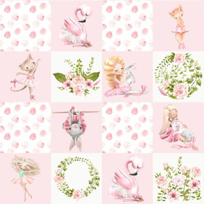 14" Ballett Dance - Little Ballerinas and Cute Animals Patchwork - baby girls quilt cheater quilt fabric - spring animals flower fabric, baby fabric, cheater quilt fabric 