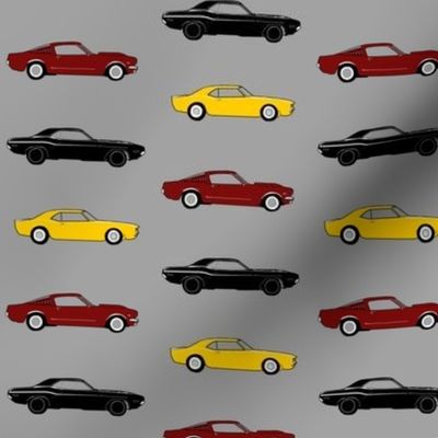 2.5” classic Muscle Cars - yellow, maroon, black on grey