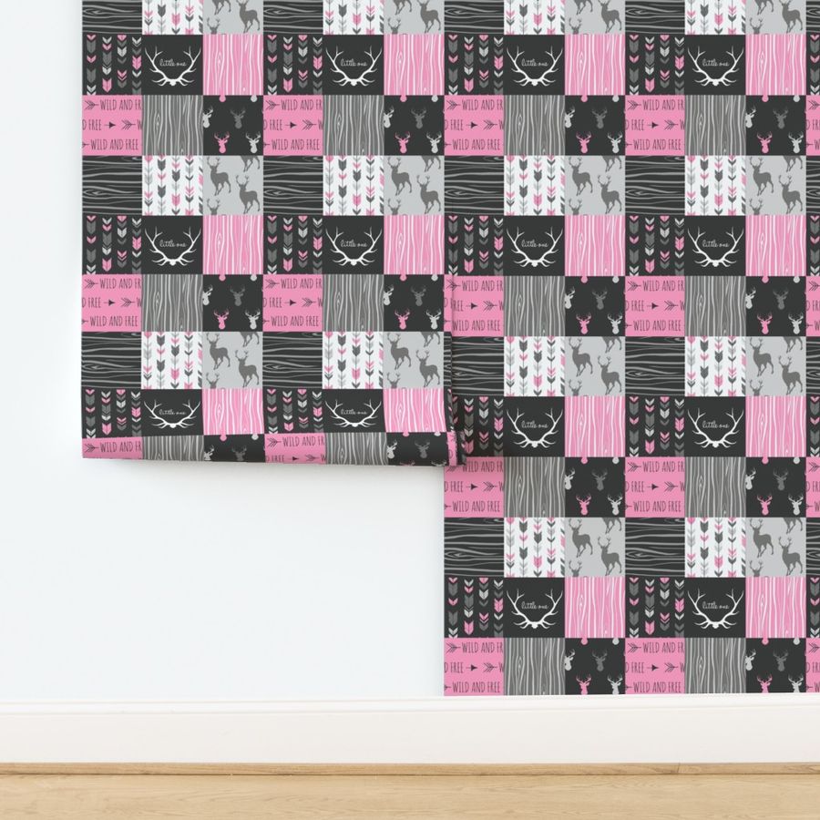 Wholecloth Patchwork Deer - hot pink and charcoal black