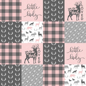 You are so deerly loved / little lady - pink and grey plaid - woodland patchwork C18BS
