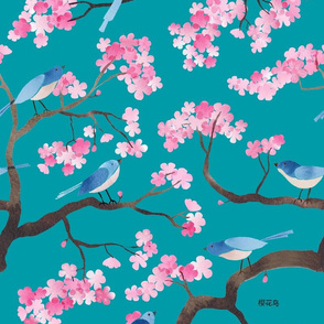 cherry blossom birds teal