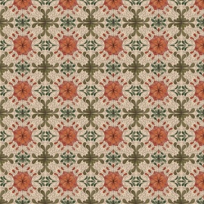 Terracotta florals and emerald foliage on cream, exuding traditional elegance.