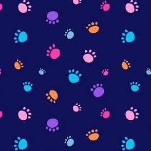 Ditsy Pet Dog or Cat Paws on dark Navy Blue