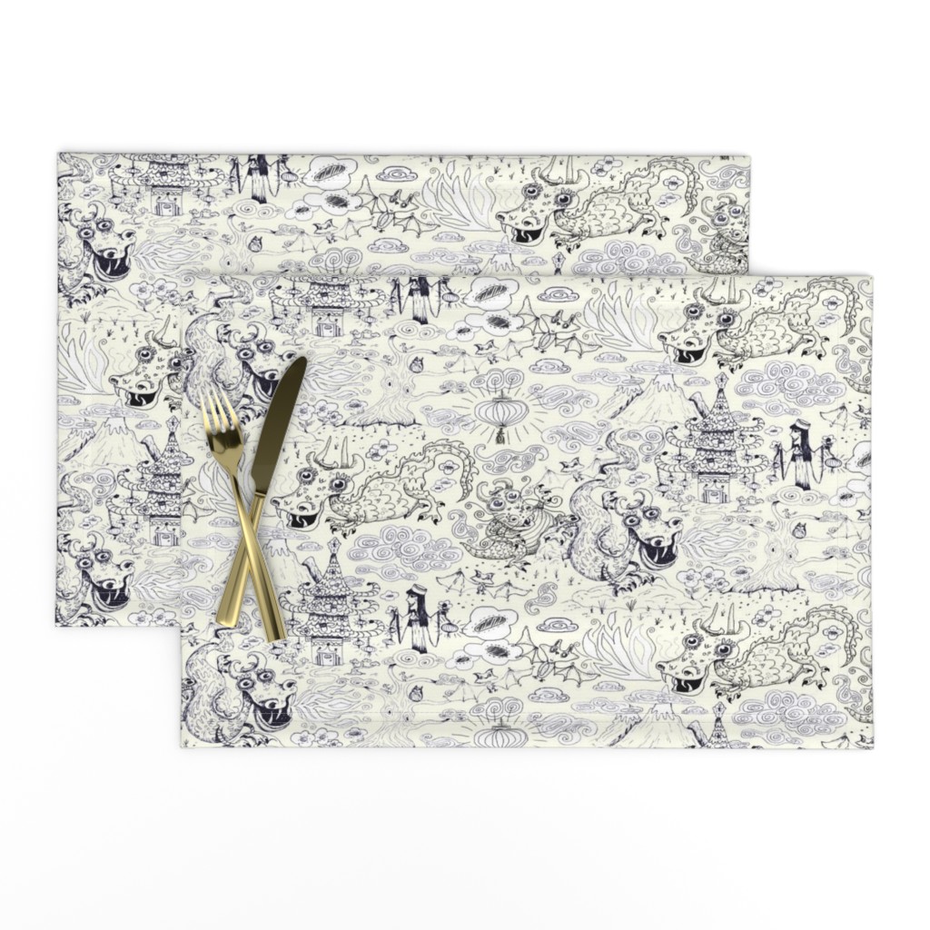 chinoiserie toile dragons bats, ivory cream white navy blue black  