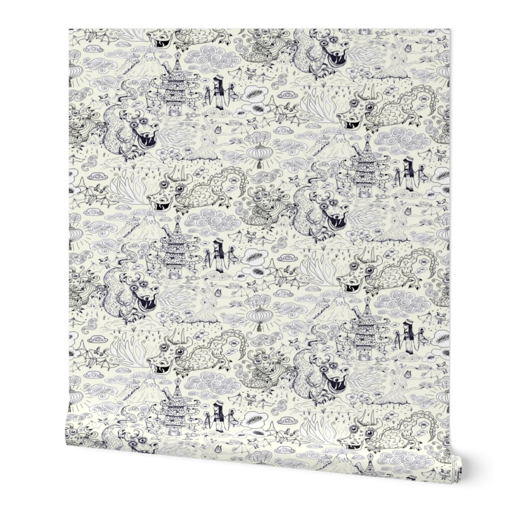 chinoiserie toile dragons bats, ivory cream white navy blue black  