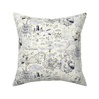 chinoiserie toile dragons bats, ivory cream white navy blue black  