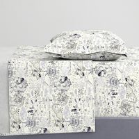 chinoiserie toile dragons bats, ivory cream white navy blue black  