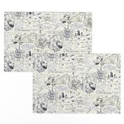 chinoiserie toile dragons bats, ivory cream white navy blue black  