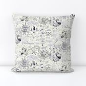 chinoiserie toile dragons bats, ivory cream white navy blue black  