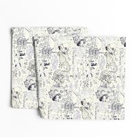 chinoiserie toile dragons bats, ivory cream white navy blue black  