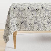 chinoiserie toile dragons bats, ivory cream white navy blue black  