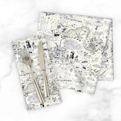 chinoiserie toile dragons bats, ivory cream white navy blue black  