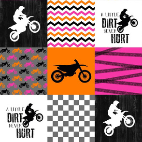 Motocross//Racing Mom//A little Dirt Never Hurt - Pink/Orange - Wholecloth Cheater Quilt