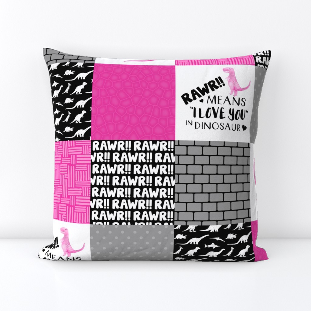 Dinosaur//Rawr means I love you//Hot Pink - Wholecloth Cheater Quilt