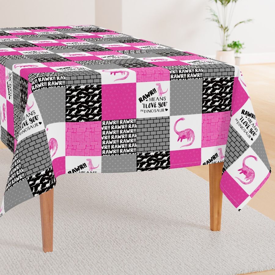 Dinosaur//Rawr means I love you//Hot Pink - Wholecloth Cheater Quilt