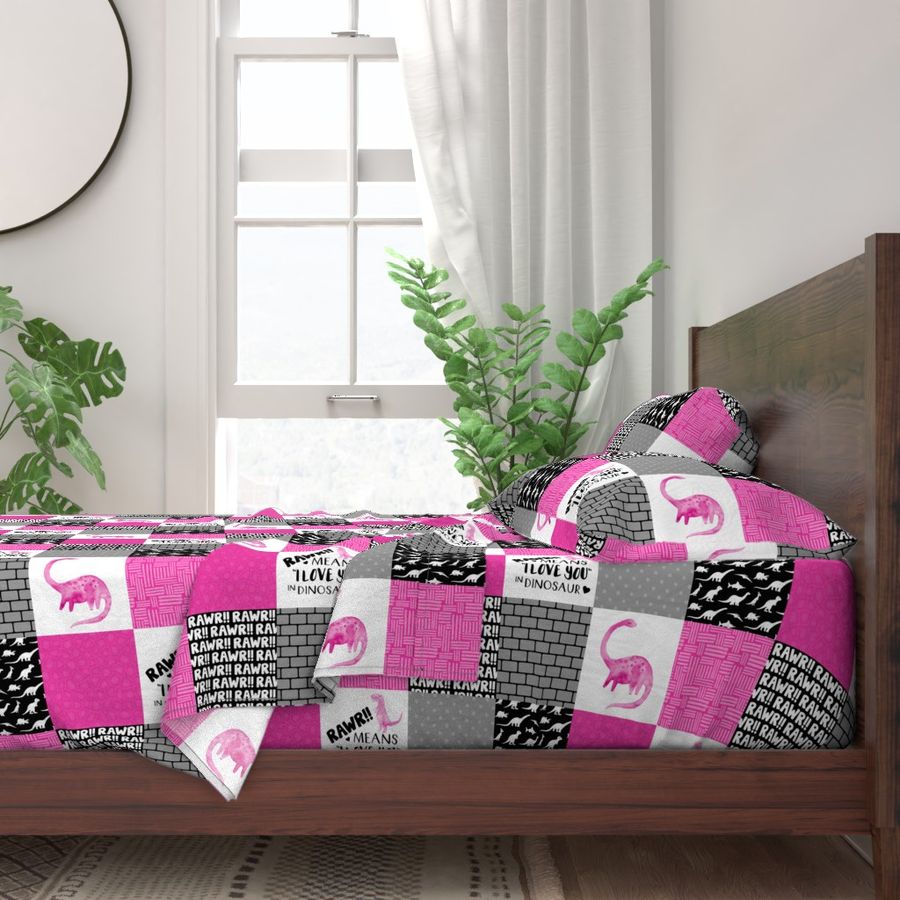 Dinosaur//Rawr means I love you//Hot Pink - Wholecloth Cheater Quilt - Rotated