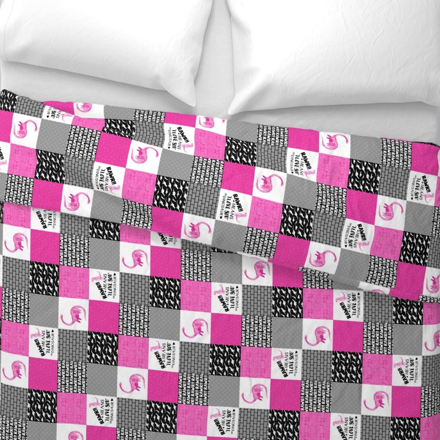 3 inch Dinosaur//Rawr means I love you//Hot Pink - Wholecloth Cheater Quilt - Rotated