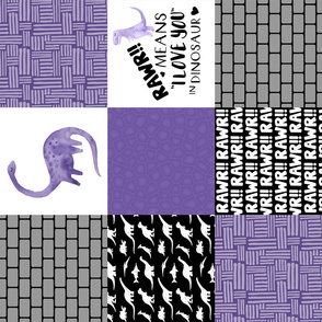 Dinosaur//Rawr Means I love you//Purple - Wholecloth Cheater Quilt - Rotated