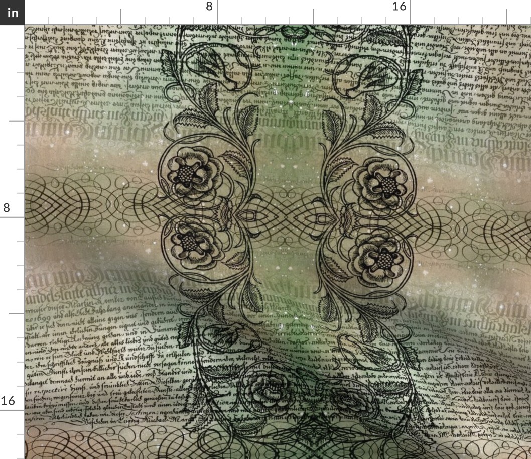 Just the text, scrollwork, and roses (greenish)