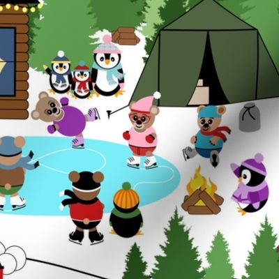 Winter Teddy Bears and Penguins Building Snowmen, Ice Skating and Sled Riding // 300 DPI 