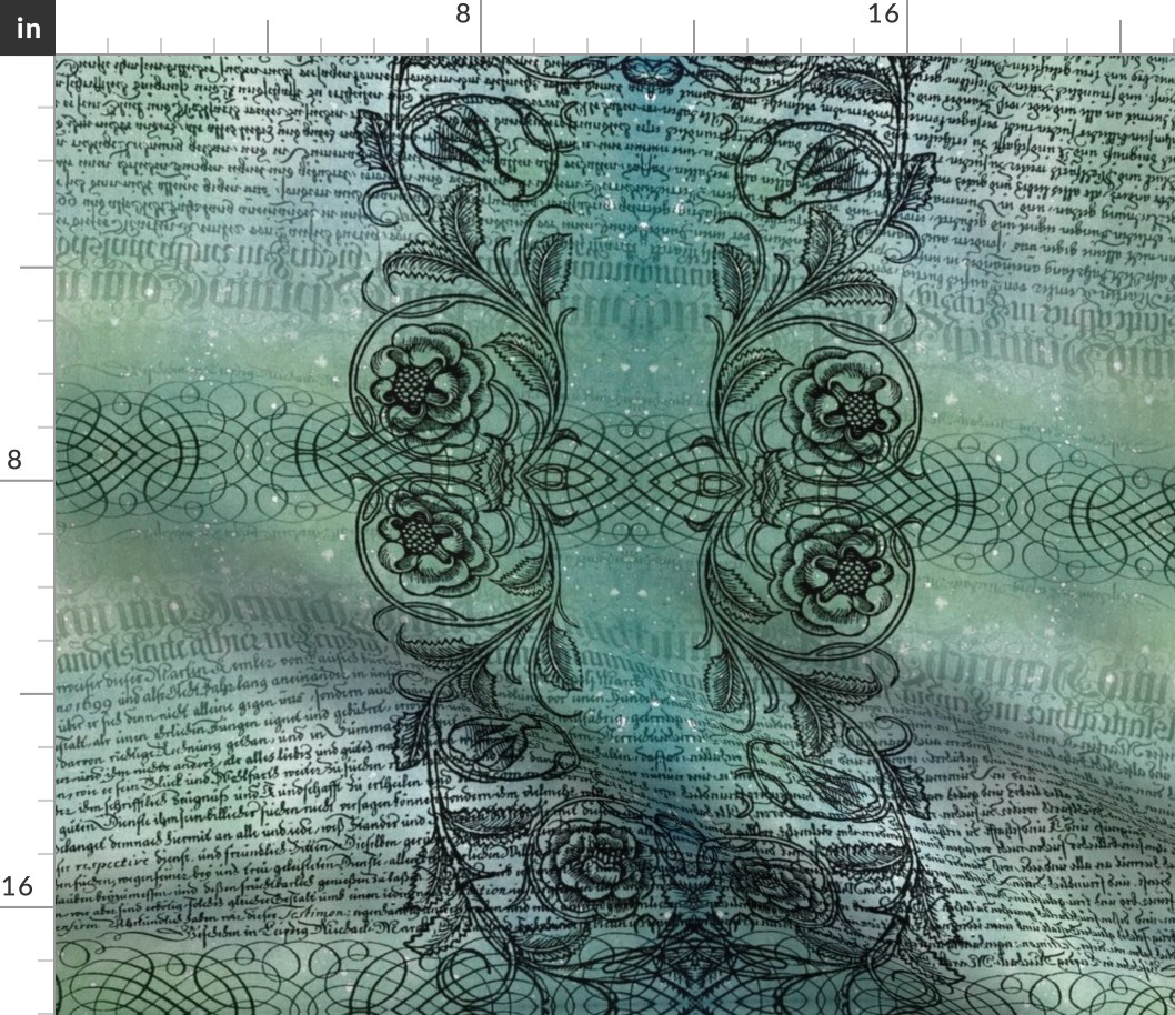 Just the text, scrollwork, and roses (teal)