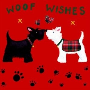 Scottie West Highland Terrier Dogs Kiss on Red