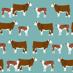 LARGE - hereford cattle and cow fabric - blue