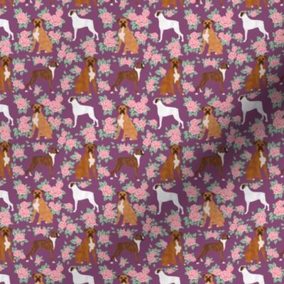 SMALL - Boxer dog florals fabric pattern rose amethyst