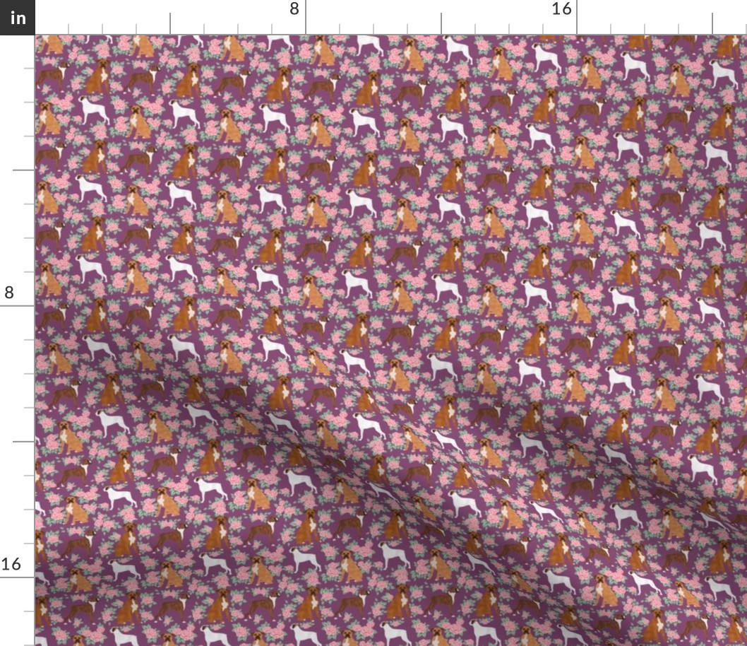 SMALL - Boxer dog florals fabric pattern rose amethyst