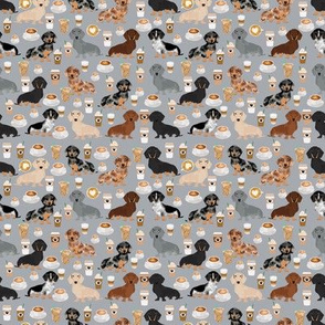 SMALL - dachshund coffee fabric - doxie fabric, dachshund fabric, coffee fabric, coffee latte fabric, doxie dog fabric, cute dog fabric, dog fabric, dog breeds fabric - grey