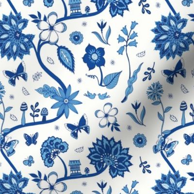 Willow pattern floral - blue and white - Small scale