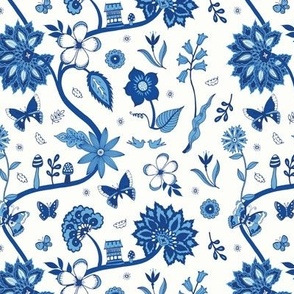 Willow pattern floral - blue and white - Small scale